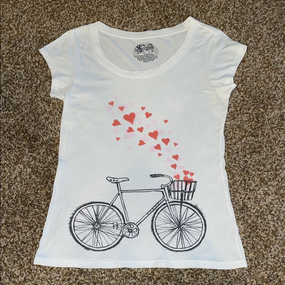 💘Valentines Day💕💌 Stranded White T-Shirt with Bicycle and Hearts
